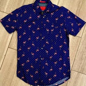 Navy button down Christmas flamingos - M